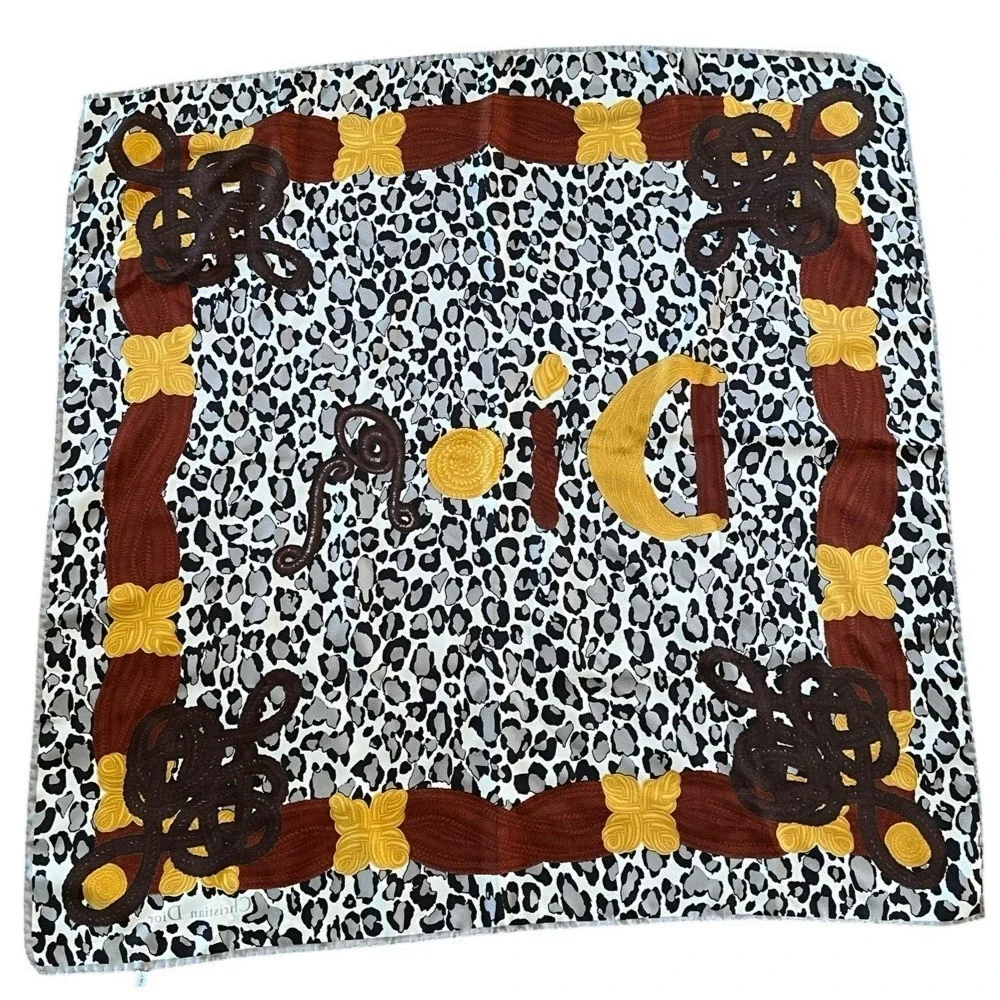 CHRISTIAN DIOR Leopard Silk Twill Scarf Spell Out Rope Knot Cord Gray Brown Gold